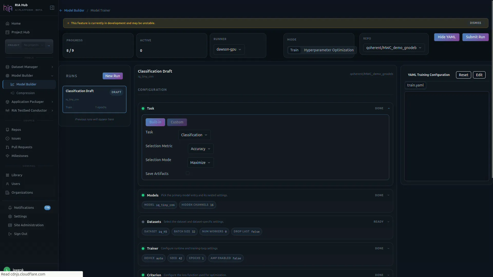 Header bar with runner, mode and repo selectors
