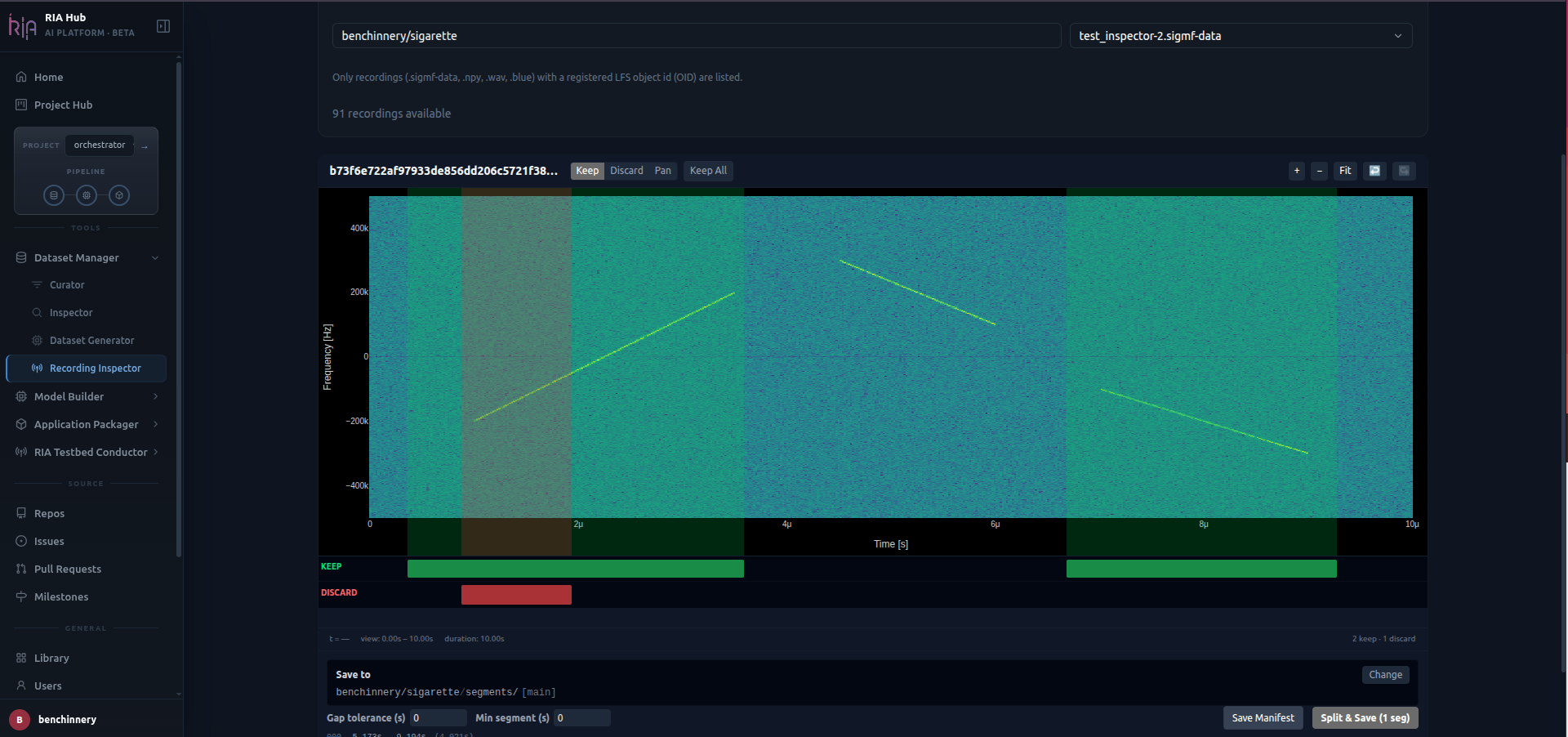 Recording Inspector showing teal keep regions and a red discard region on the spectrogram, with KEEP and DISCARD timeline tracks below